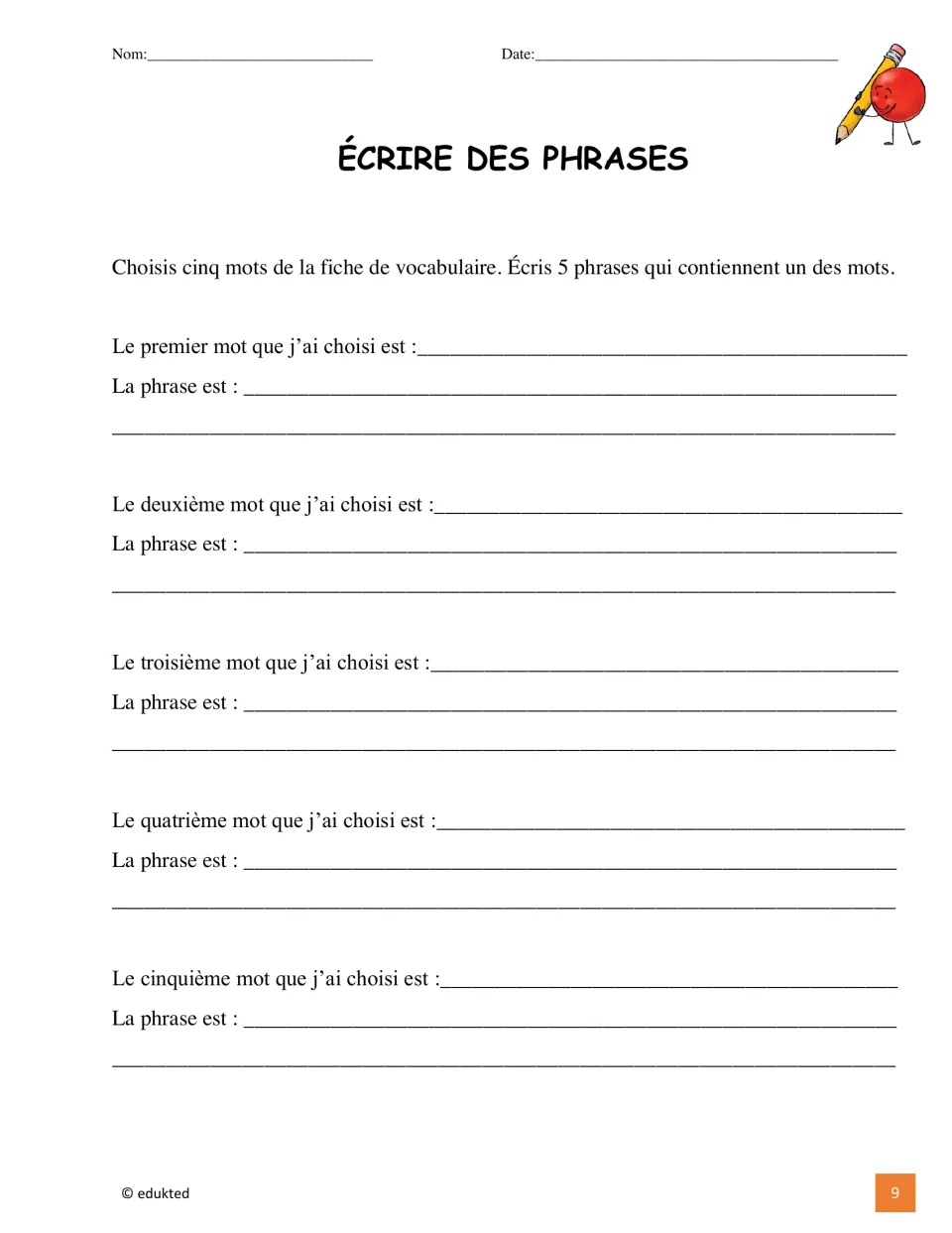 French sentence-writing activity asks students to choose five living room words and write a sentence for each