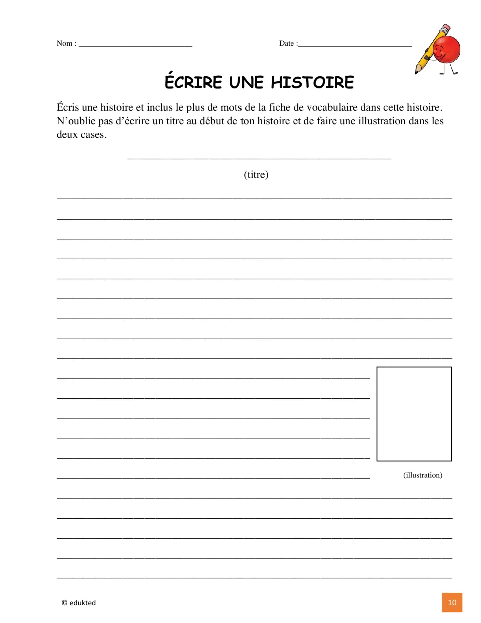 French story-writing activity asks students to use living room vocabulary, add a title, and illustrate