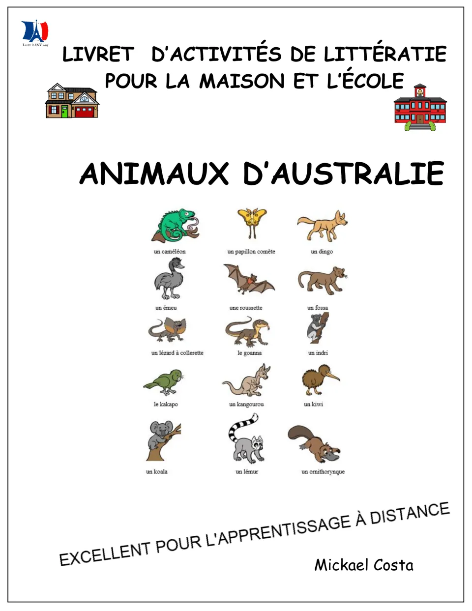 French animal literacy booklet cover showing 15 labeled animals and naming author Mickael Costa