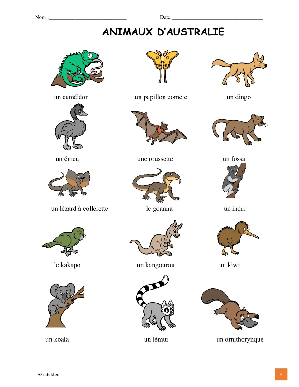 Illustrated French vocabulary reference for 15 animals, including un émeu (emu) and un koala (koala)