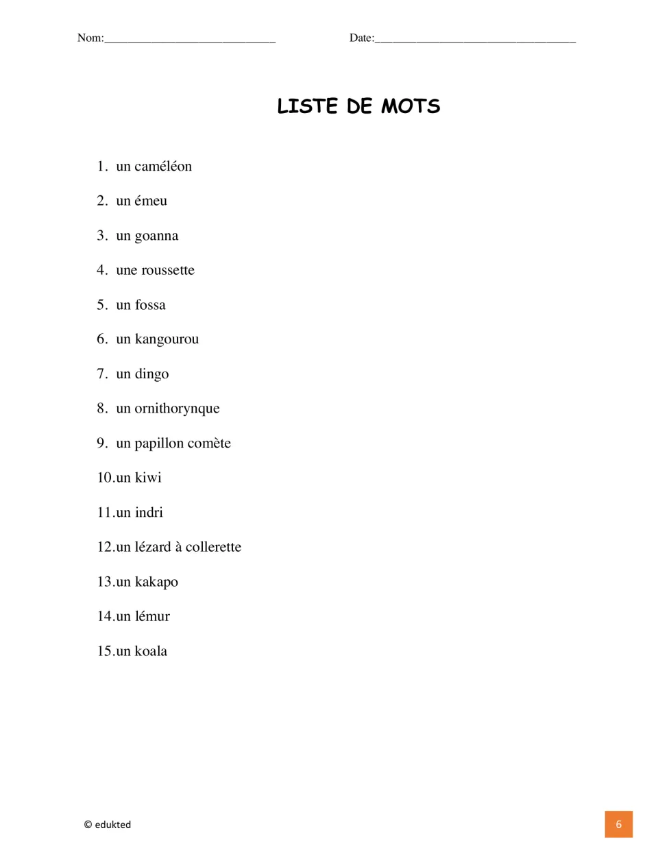 French vocabulary list gives 15 animal names, including un kangourou (kangaroo) and un dingo (dingo)