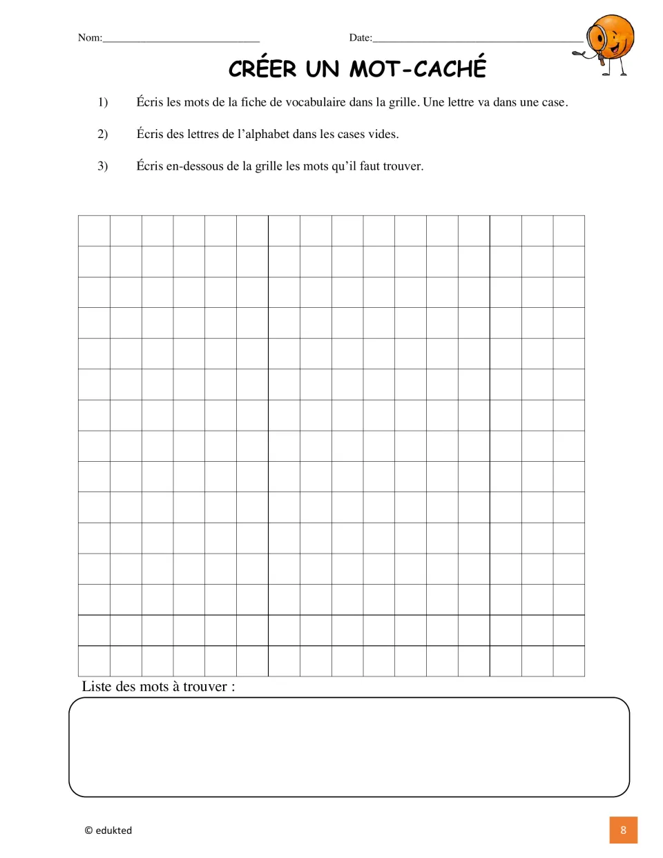 French word search creation activity asks students to place animal terms, add letters, and list hidden words