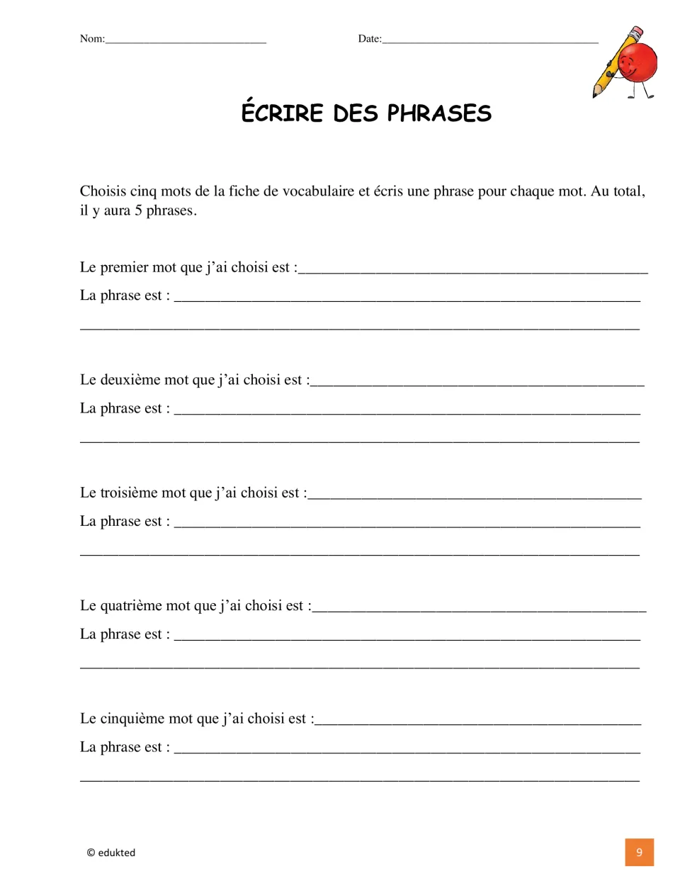 French sentence-writing activity asks students to choose five animal vocabulary words and write five sentences
