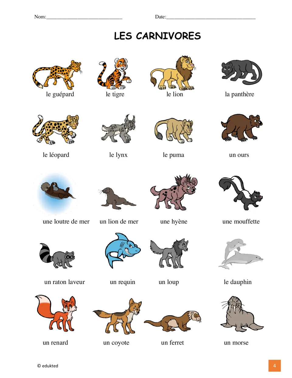 Illustrated French vocabulary reference for 20 animals, including le guépard (cheetah) and le tigre (tiger)