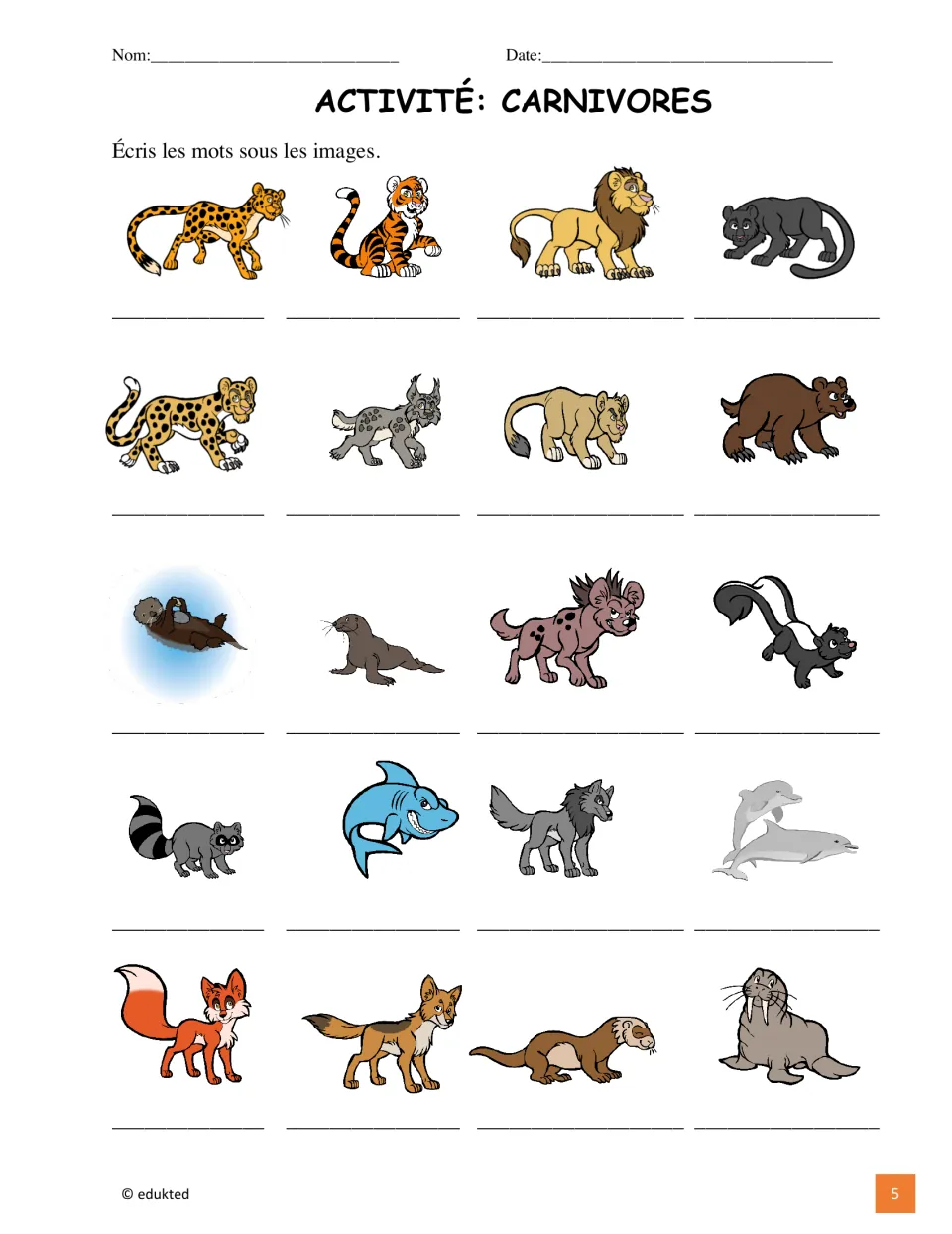 French animal labeling activity asks students to write names for the same 20 animals shown on the reference page