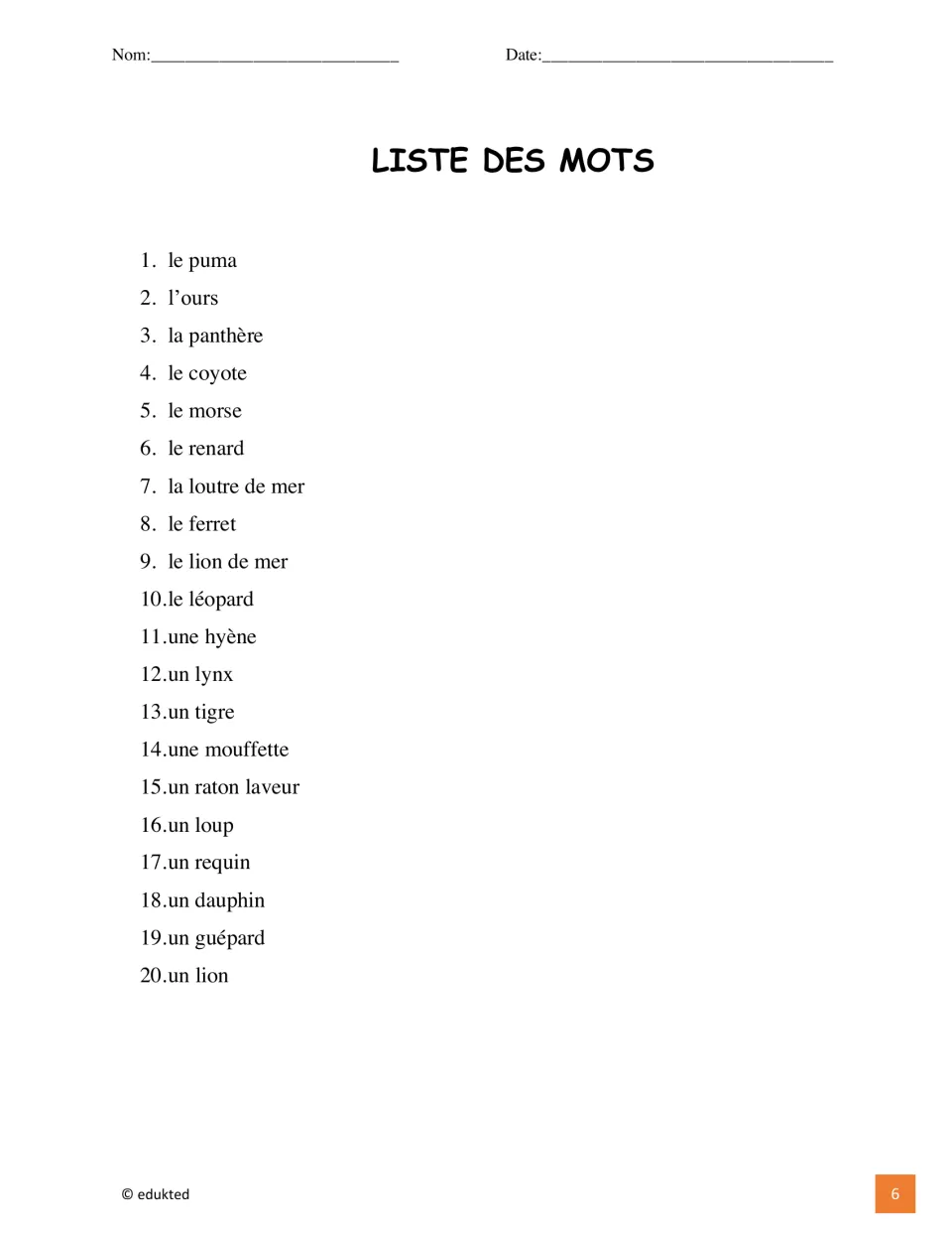 French vocabulary list supplies 20 animal names, including le puma (cougar), l’ours (bear), and le morse (walrus)