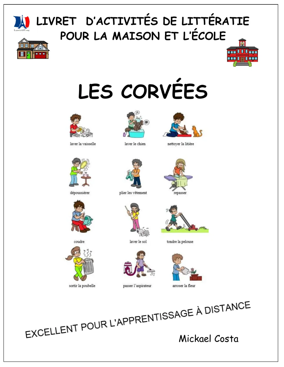 French literacy booklet cover: Les corvées (household chores), with 12 illustrated chores for home and school