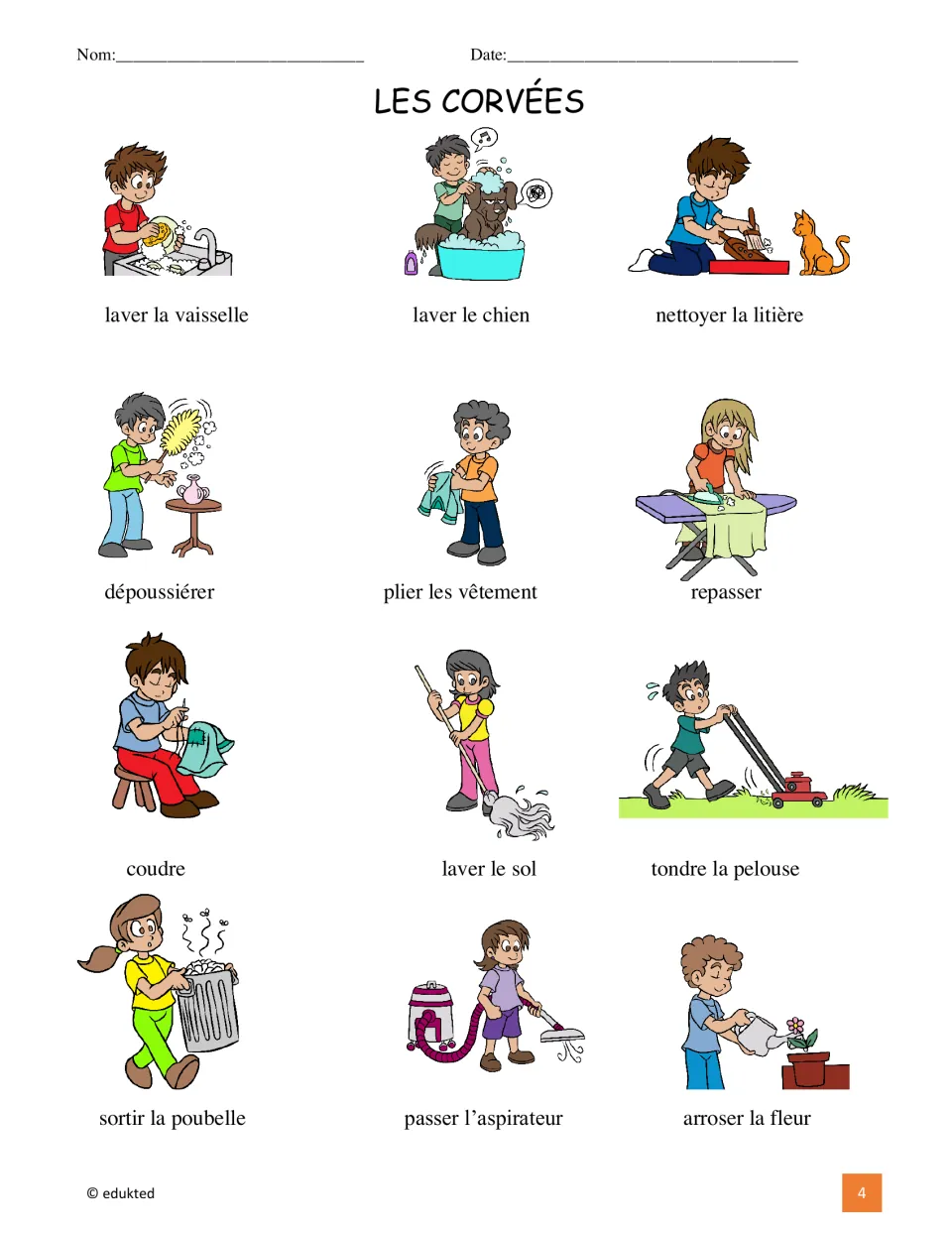 French vocabulary reference showing 12 chores, including laver la vaisselle (wash dishes) and coudre (sew)