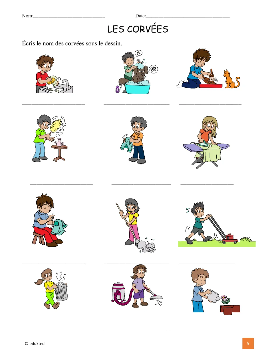 French chores labeling activity: name 12 pictured tasks, including washing dishes, ironing, sewing, and vacuuming