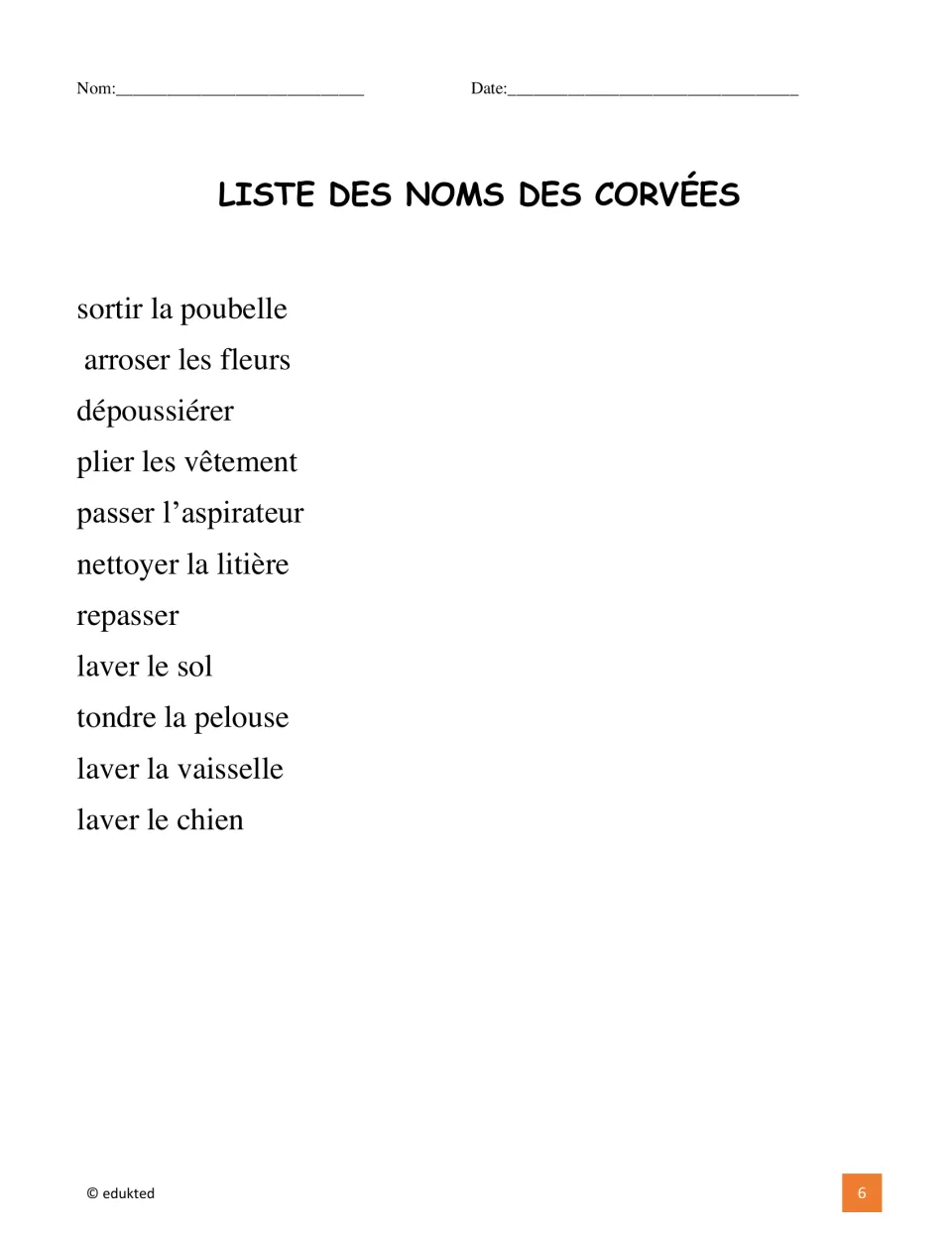 French vocabulary list of 11 chores, including sortir la poubelle (take out the trash) and repasser (iron)
