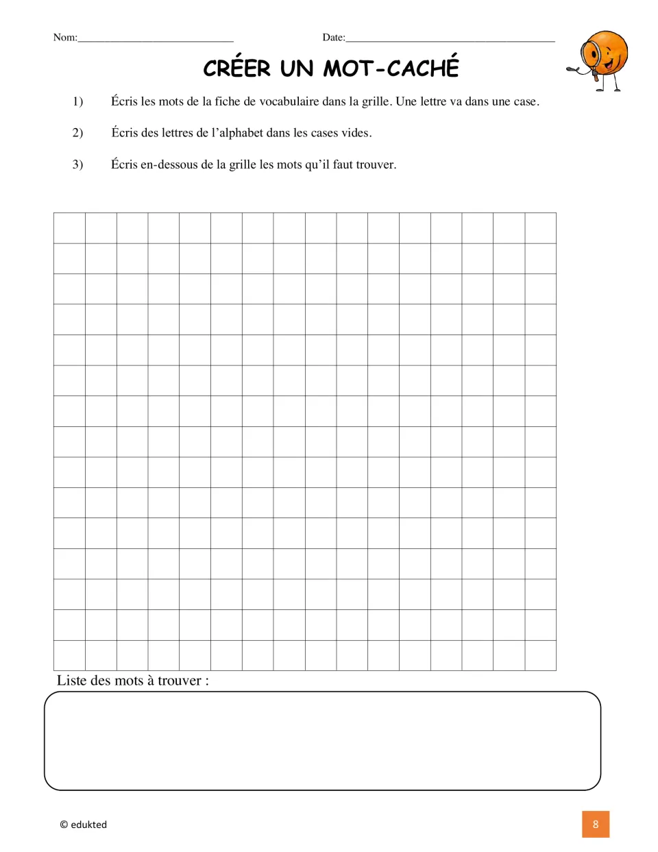 French chores word-search creation task: place vocabulary words, add filler letters, and list the words to find