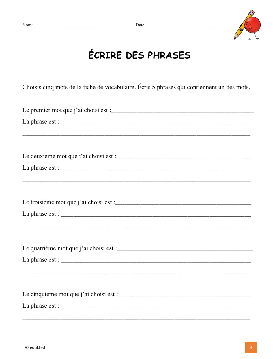 French chores sentence-writing activity asks students to choose five vocabulary words and write five sentences