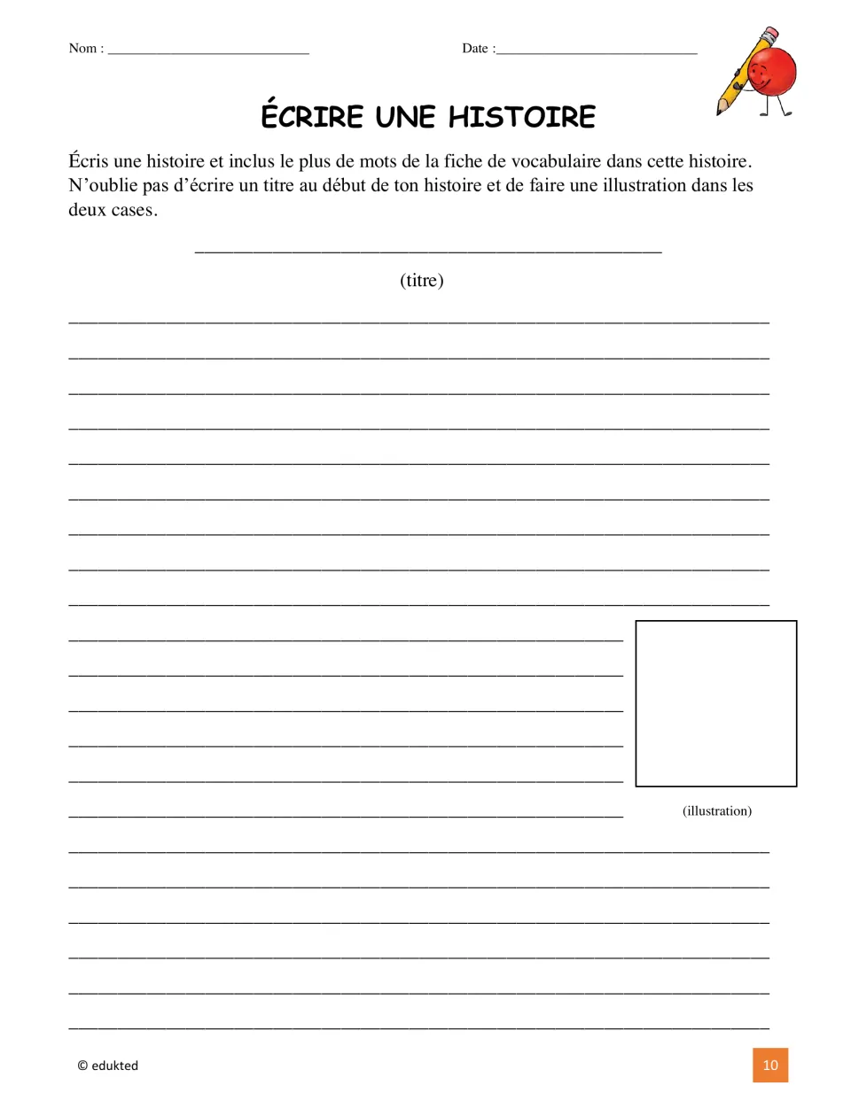 French chores story-writing task, part 1: use vocabulary words in a story, add a title, and illustrate it