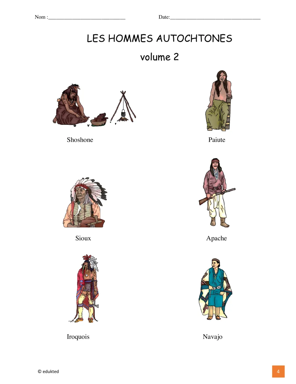 Vocabulary reference sheet labels six illustrations: Shoshone, Paiute, Sioux, Apache, Iroquois, and Navajo