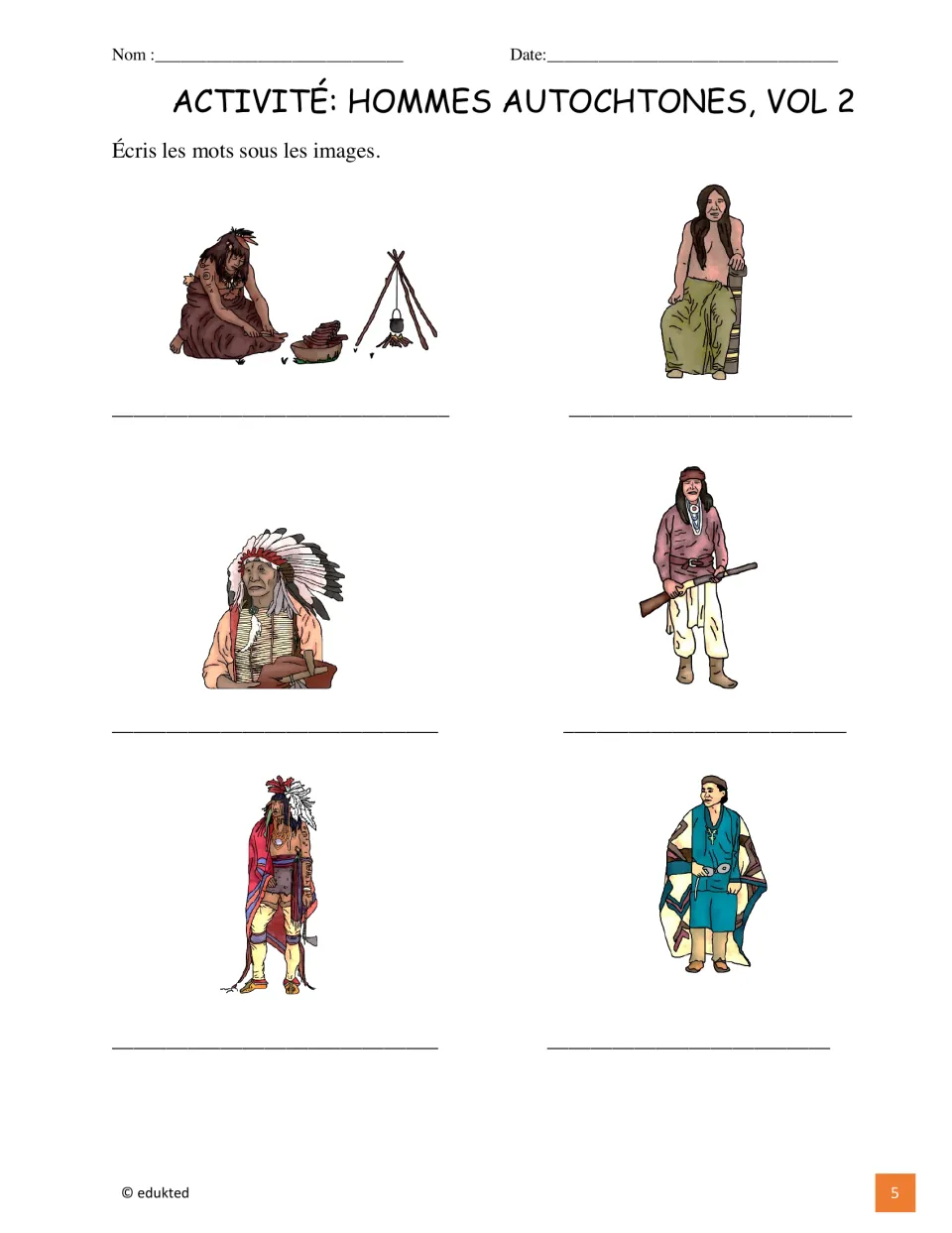 Vocabulary naming activity asks students to write the names beneath the same six Indigenous illustrations