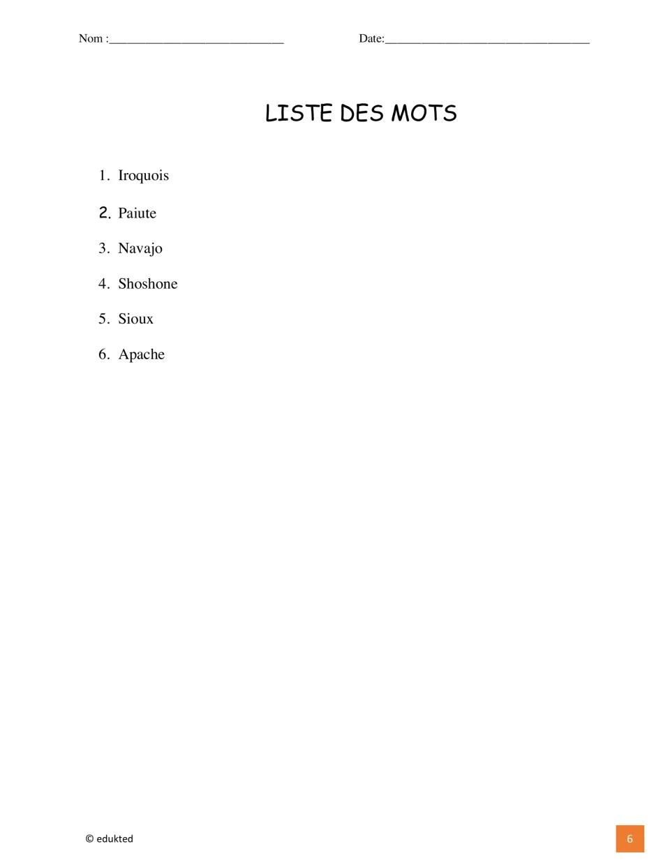 Vocabulary word list for the booklet: Iroquois, Paiute, Navajo, Shoshone, Sioux, and Apache, numbered 1–6