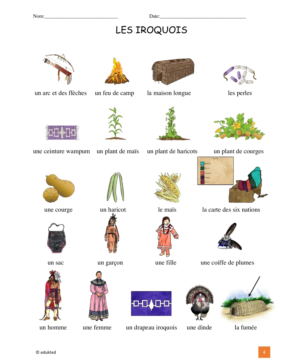Illustrated French vocabulary reference: 21 items including la maison longue (longhouse) and le maïs (corn)