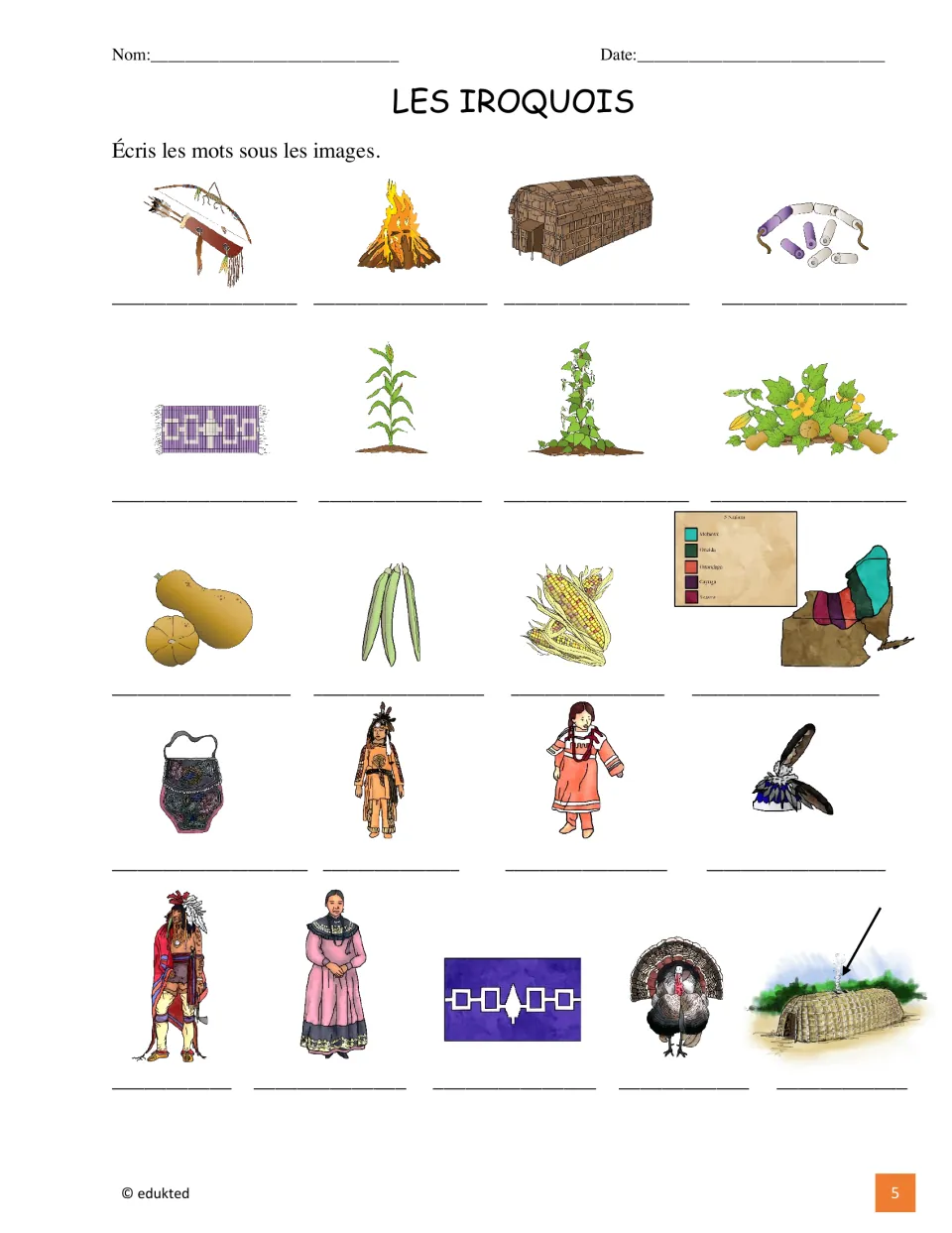 French vocabulary labeling activity asks students to name 21 pictures, including a longhouse and wampum belt