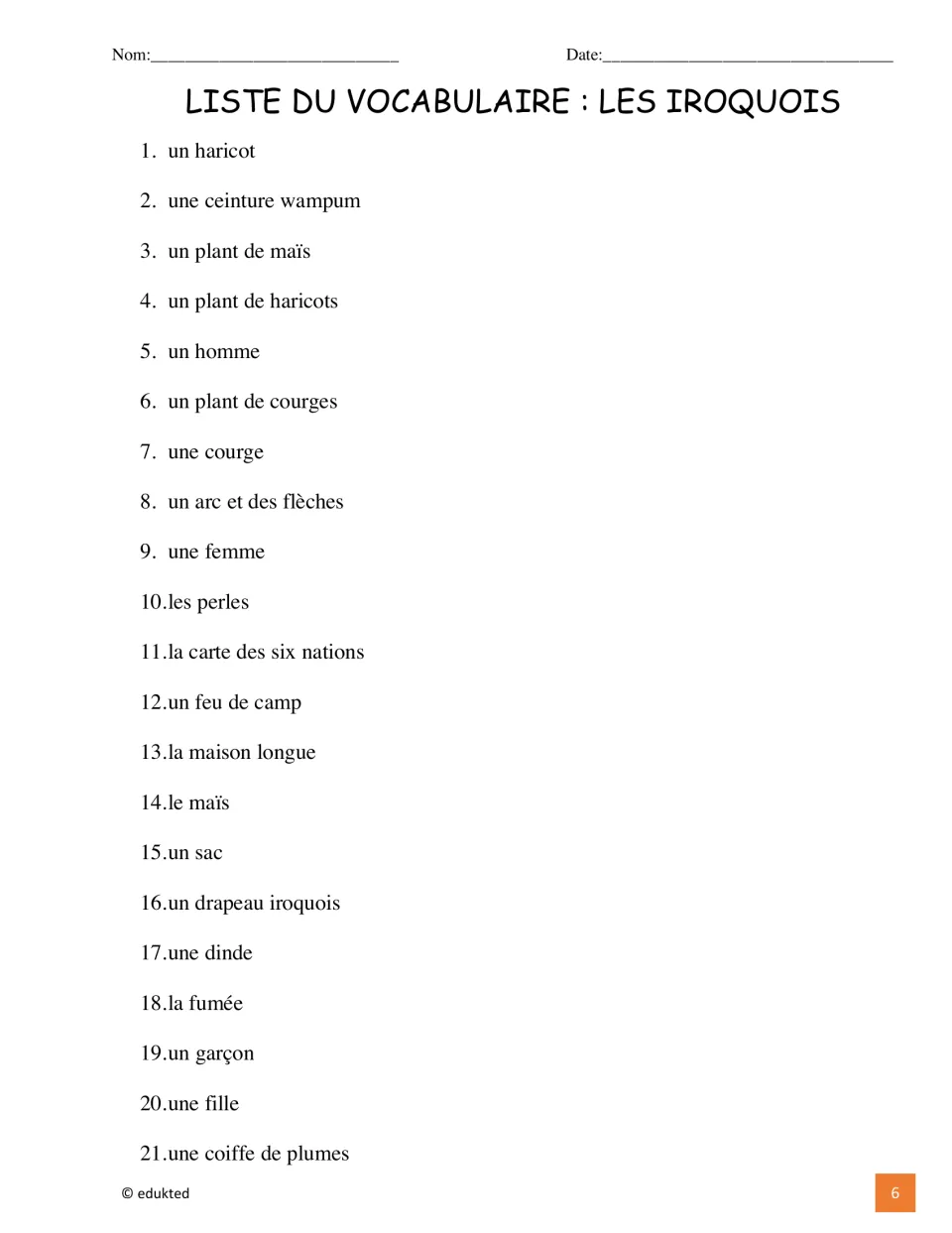 French vocabulary list of 21 items includes un haricot (bean), les perles (beads), and la fumée (smoke)