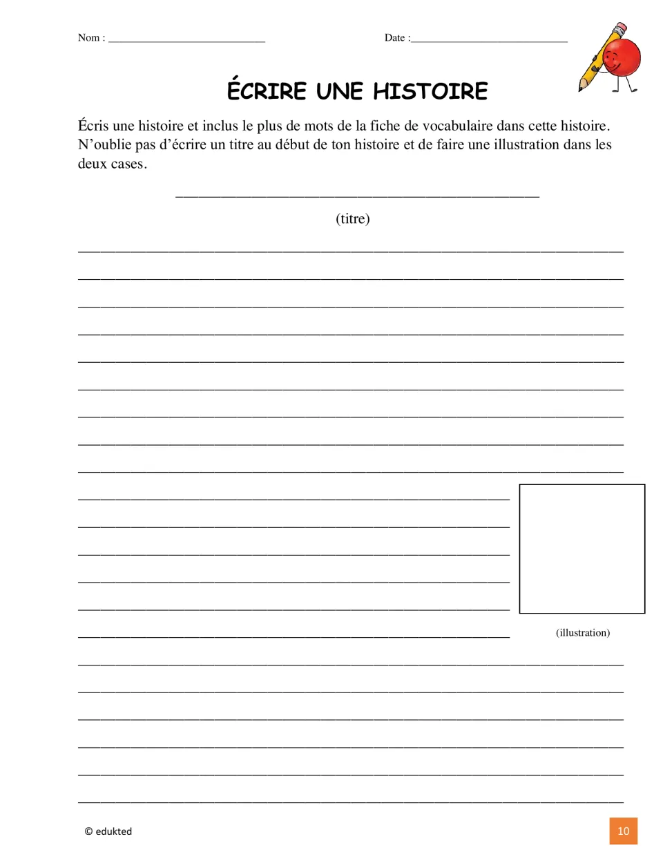 French story-writing activity asks students to use vocabulary words, add a title, and illustrate their story