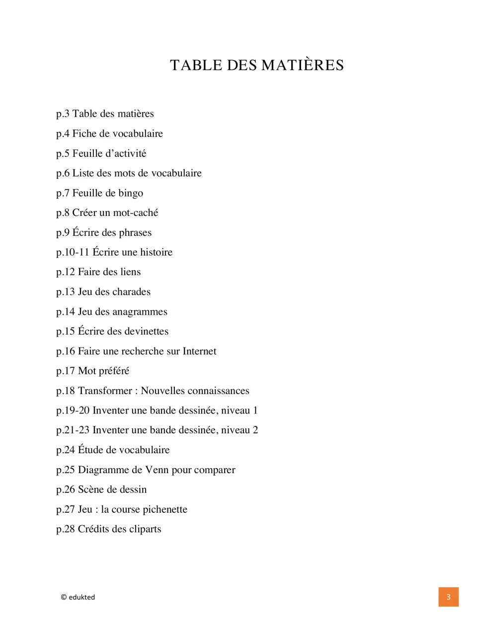 Booklet contents list vocabulary, bingo, story writing, riddles, comics, research, and activities through page 28