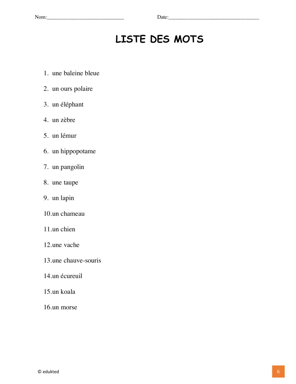 French mammal word list contains 16 terms, from une baleine bleue (blue whale) to un morse (walrus)