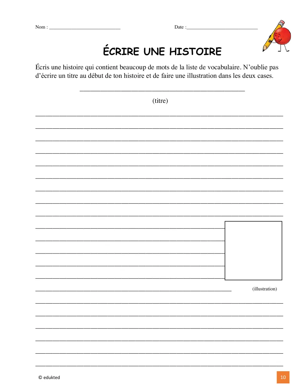 French story-writing activity asks students to use many mammal vocabulary words, add a title, and illustrate