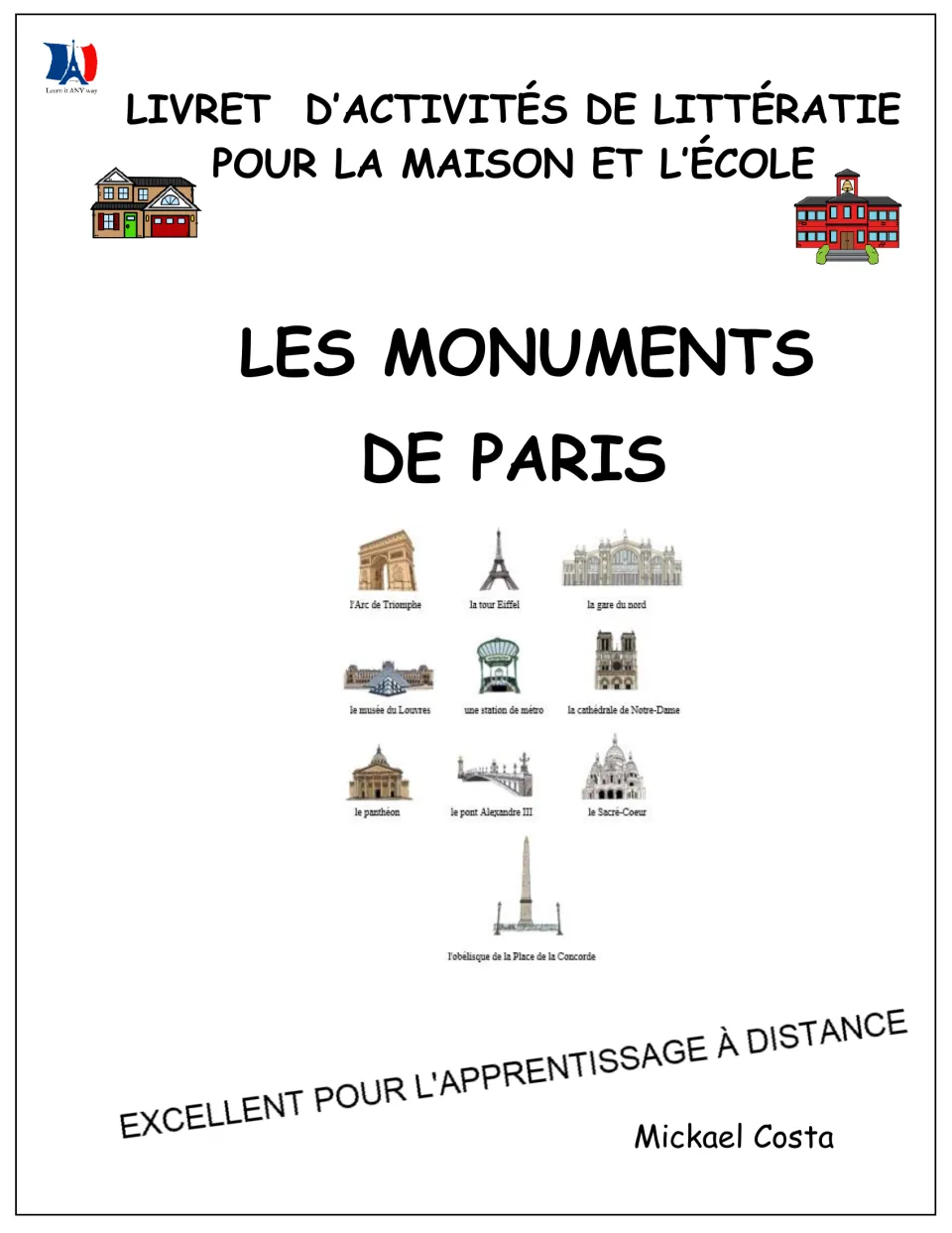 Cover of Les monuments de Paris (Paris landmarks), a French literacy activity booklet by Mickael Costa