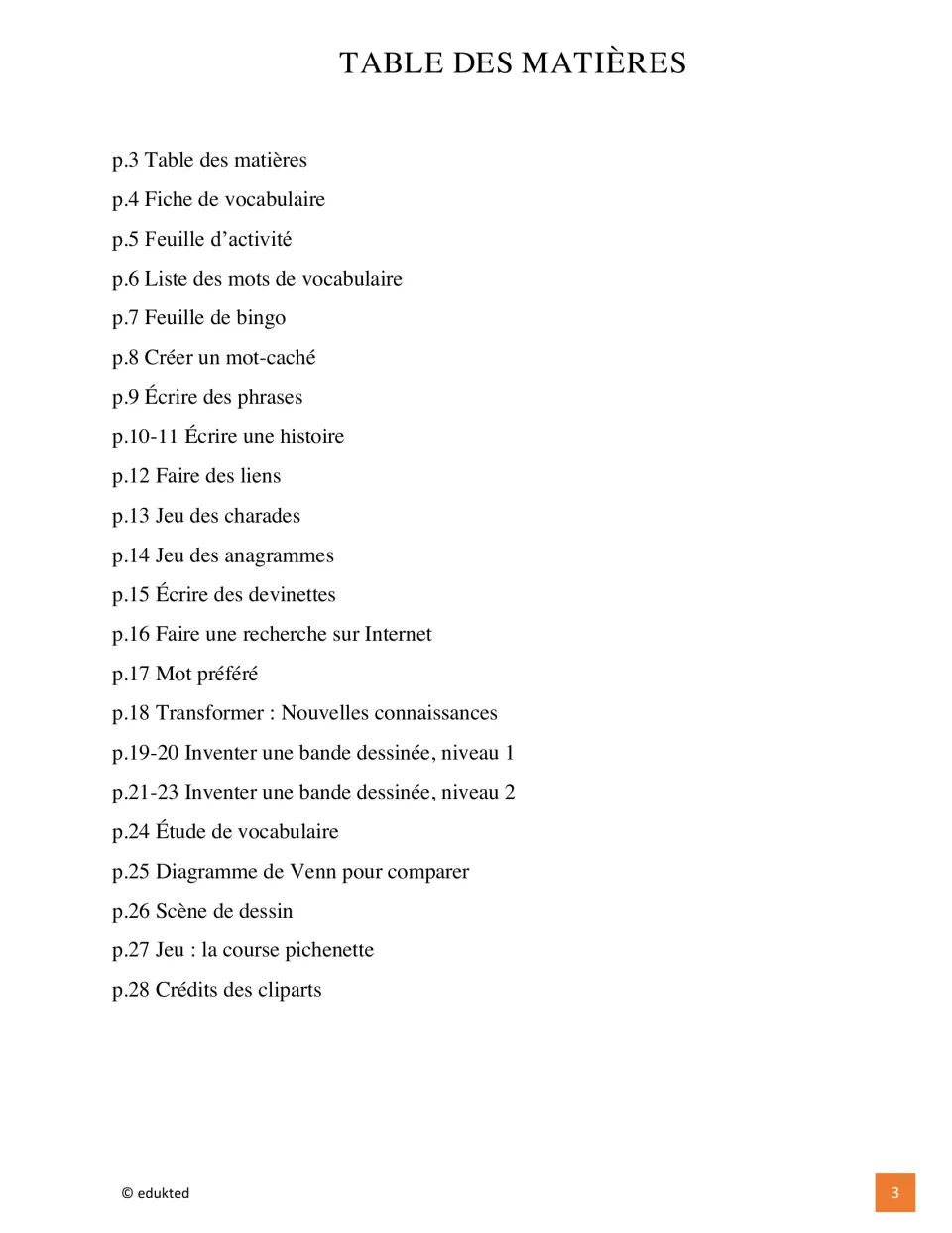 Table of contents lists vocabulary, bingo, writing, research, comics, and other booklet sections through page 28