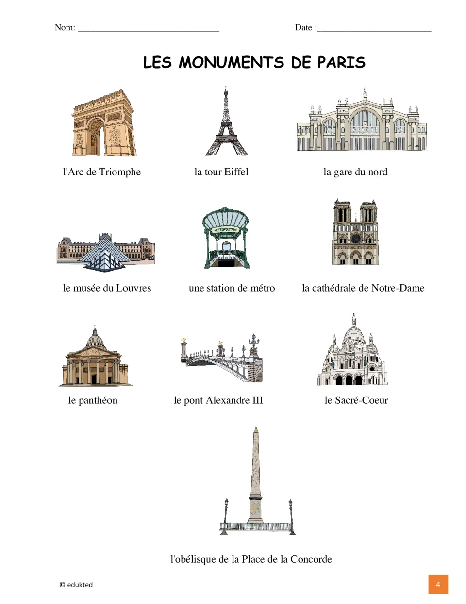 Illustrated French vocabulary reference for 10 Paris places, including la tour Eiffel (the Eiffel Tower)