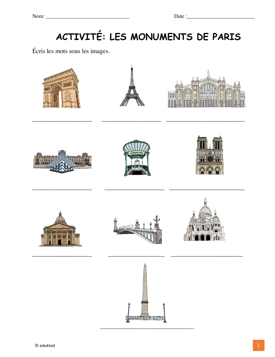 Paris vocabulary labeling activity asks students to write names beneath pictures of the same 10 places