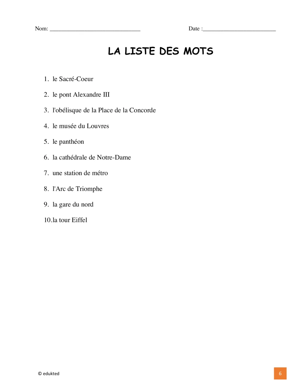 French vocabulary list names 10 Paris places, including le Sacré-Coeur and une station de métro (a metro station)
