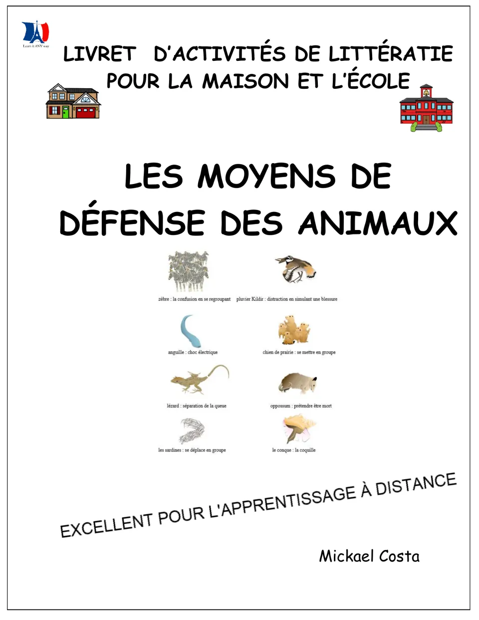French animal defense workbook cover showing eight animal examples and naming author Mickael Costa