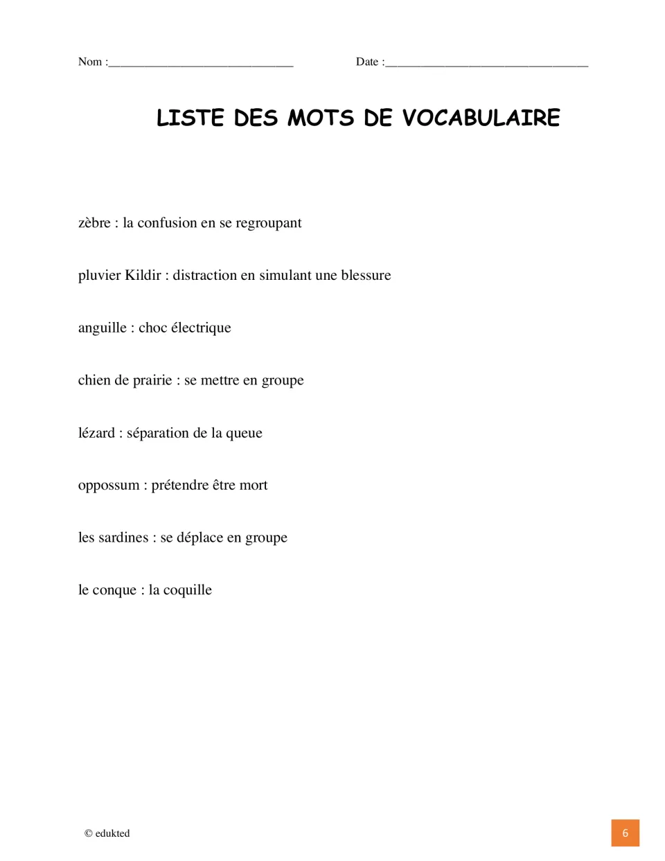 French vocabulary list pairs eight animals with defenses, including anguille (eel): choc électrique
