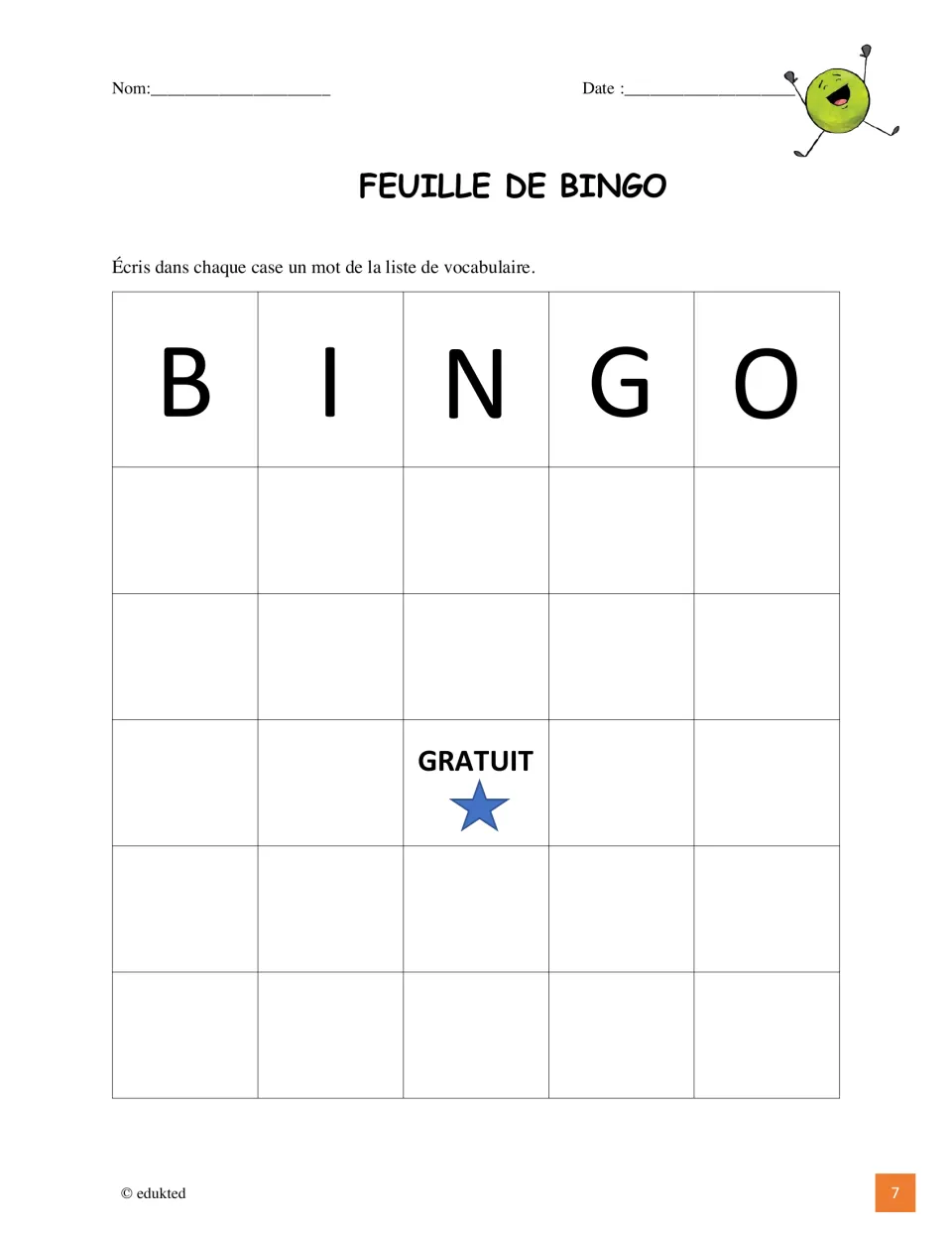 French vocabulary bingo activity asks students to enter words from the vocabulary list; GRATUIT means free