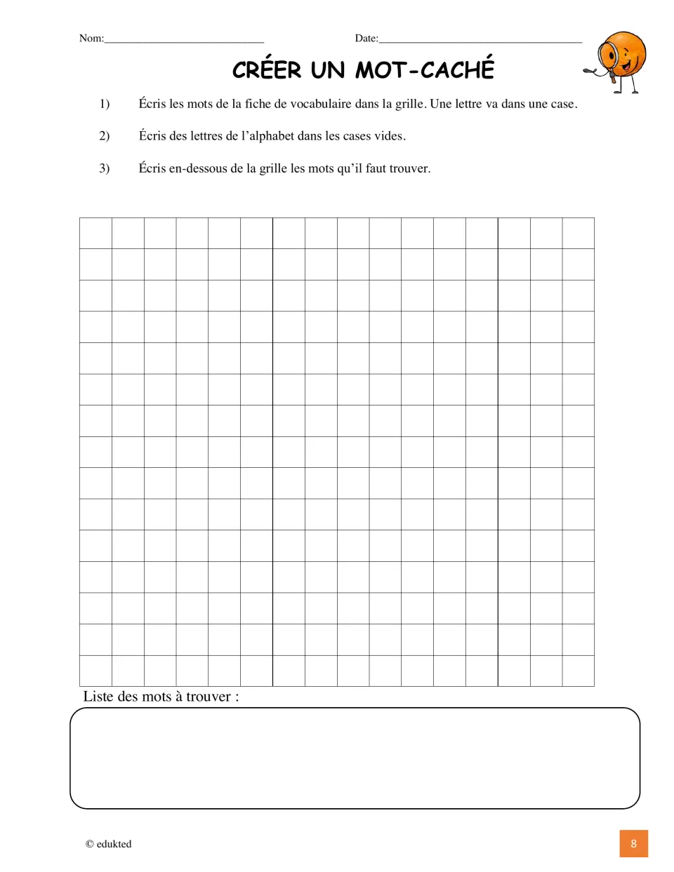 French word search activity asks students to place vocabulary words, add filler letters, and list words to find