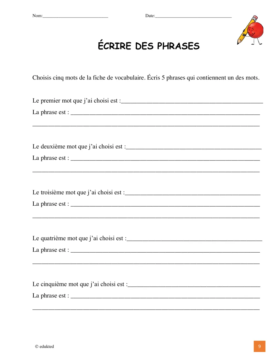 French sentence-writing activity asks students to choose five vocabulary words and write a sentence for each