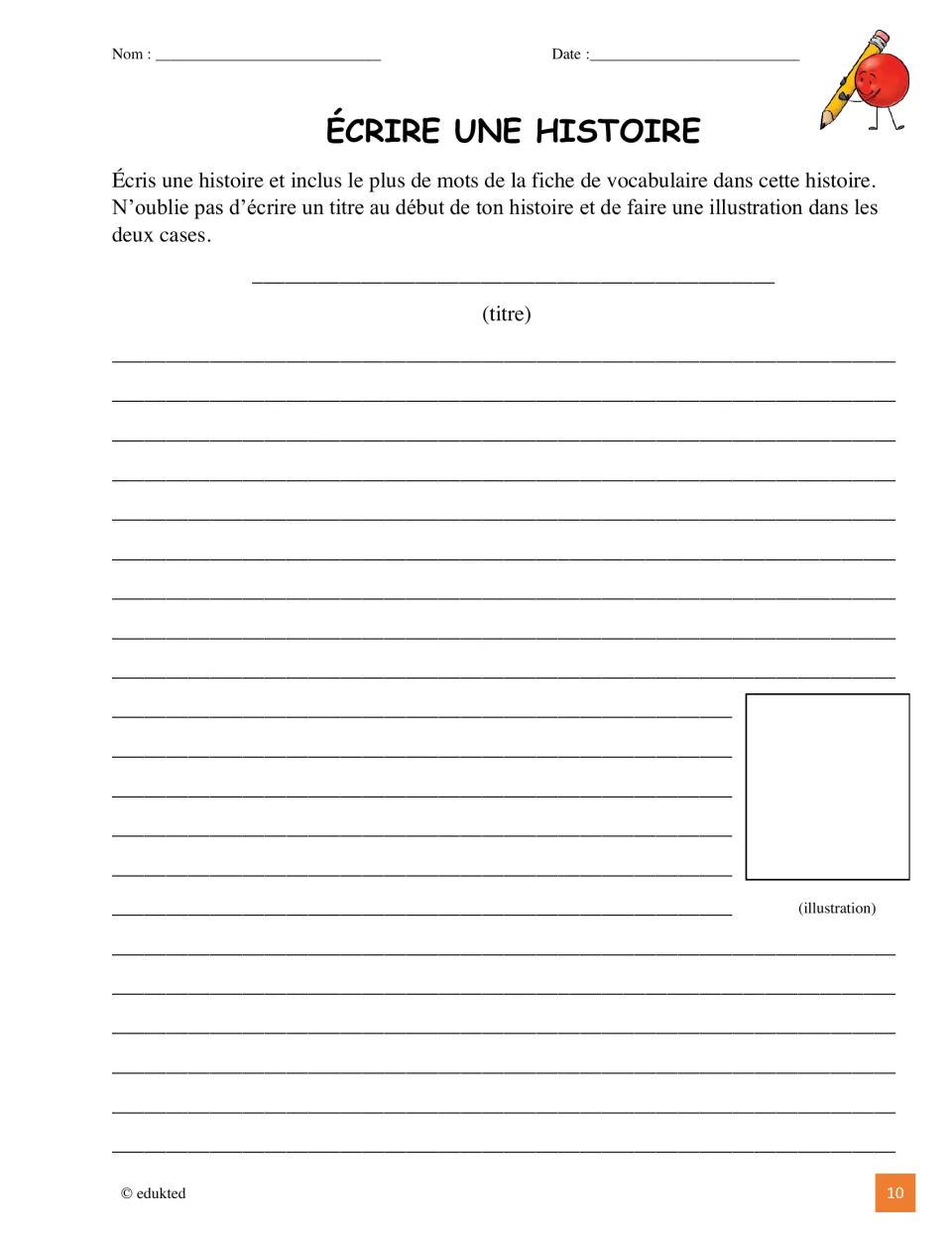 French story-writing activity asks students to use as many vocabulary words as possible and add a title and art