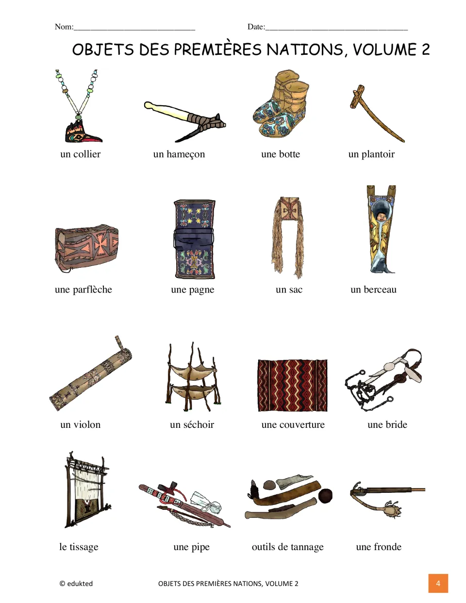 Illustrated French vocabulary reference: un collier (necklace), un hameçon (fishhook), and 14 more entries