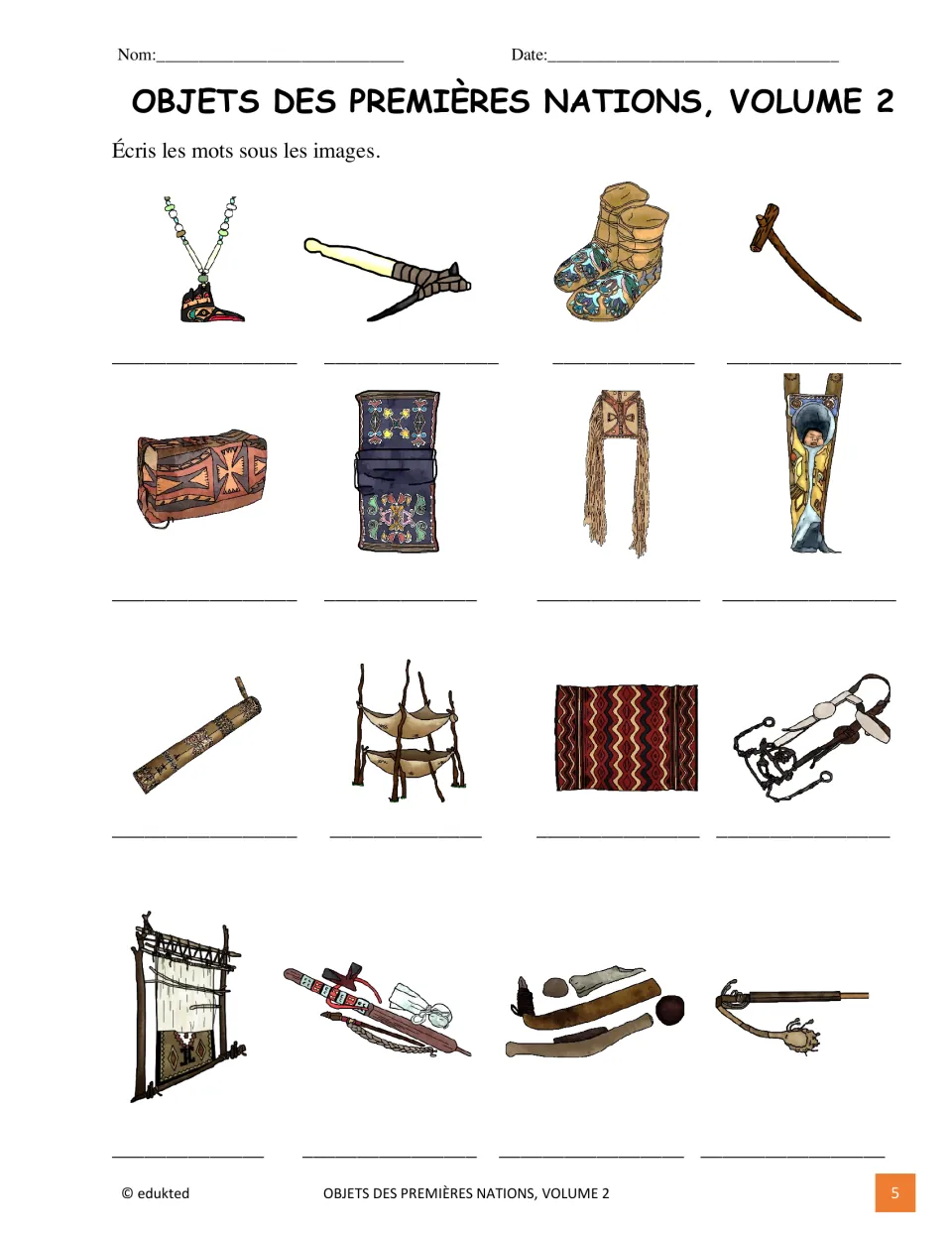 French vocabulary labeling activity asks students to name 16 pictured objects, including a necklace and boots