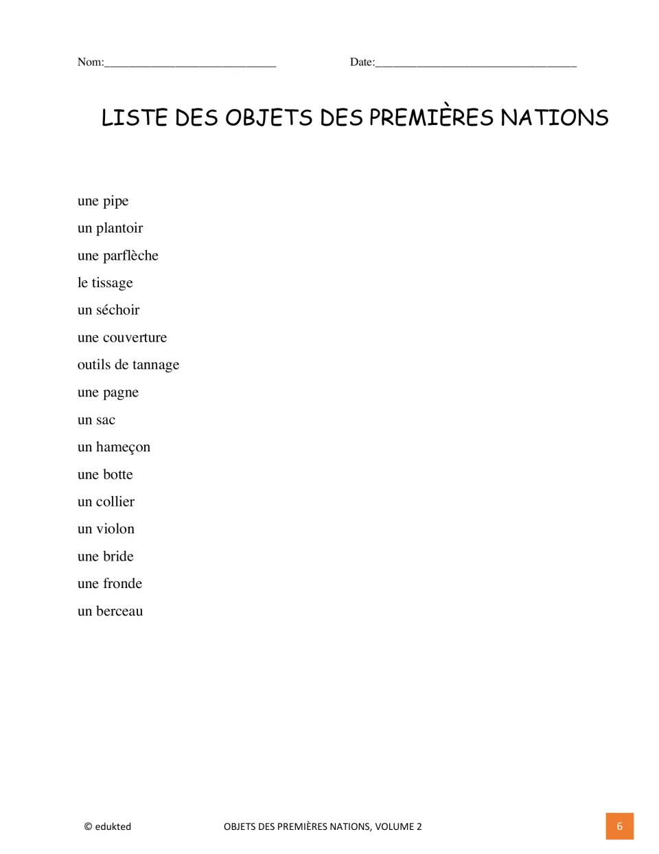 French vocabulary list of 16 entries includes une pipe (pipe), un plantoir (dibble), and un berceau (cradle)