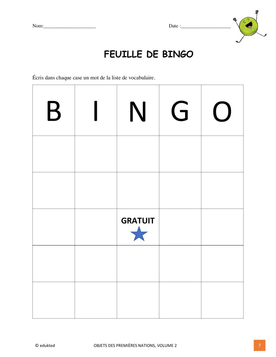 French vocabulary bingo activity directs students to fill their card using words from the vocabulary list