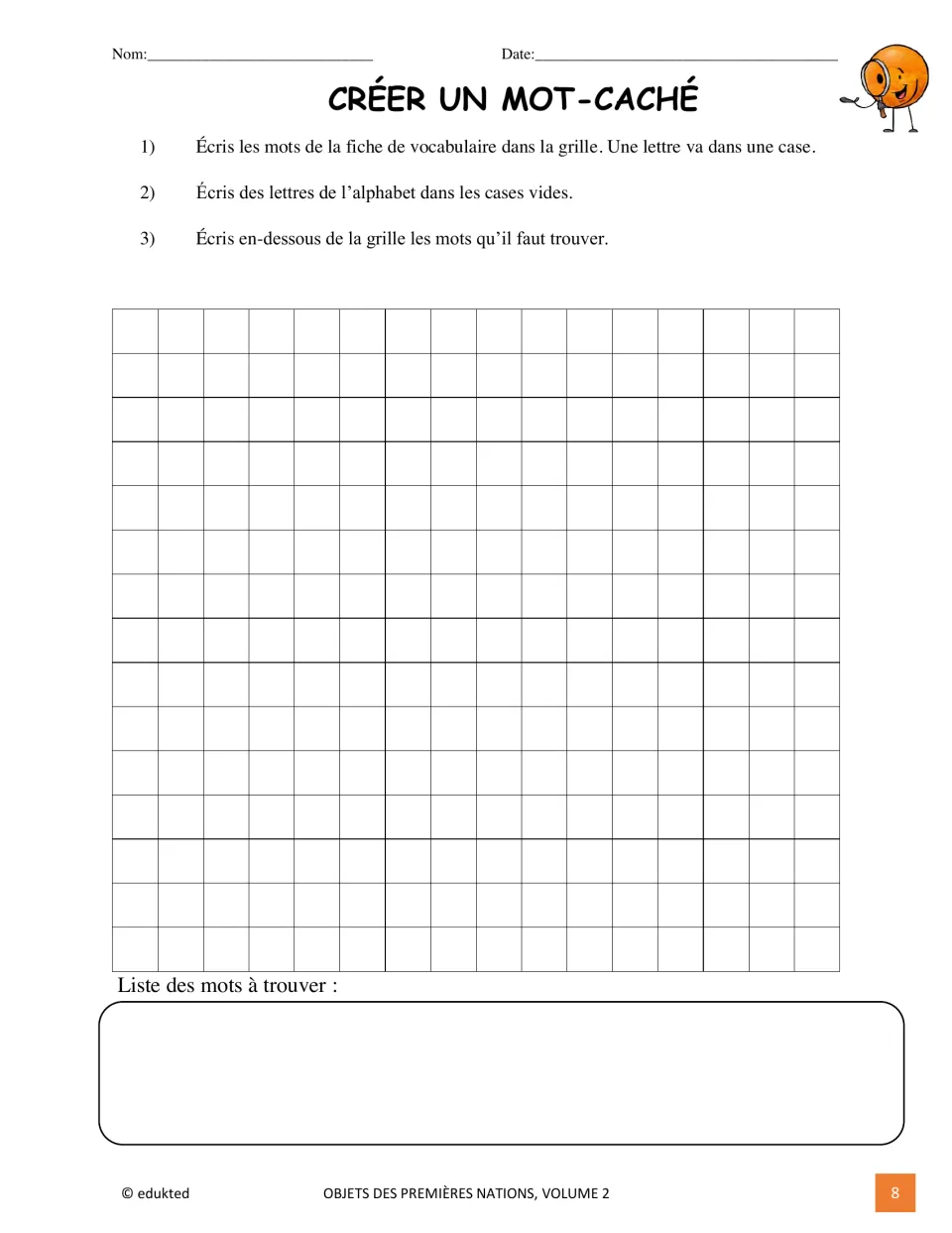 French word search creation activity asks students to place vocabulary words, add letters, and list the words