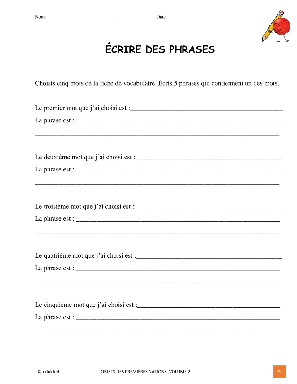 French sentence-writing activity asks students to choose five vocabulary words and write a sentence for each