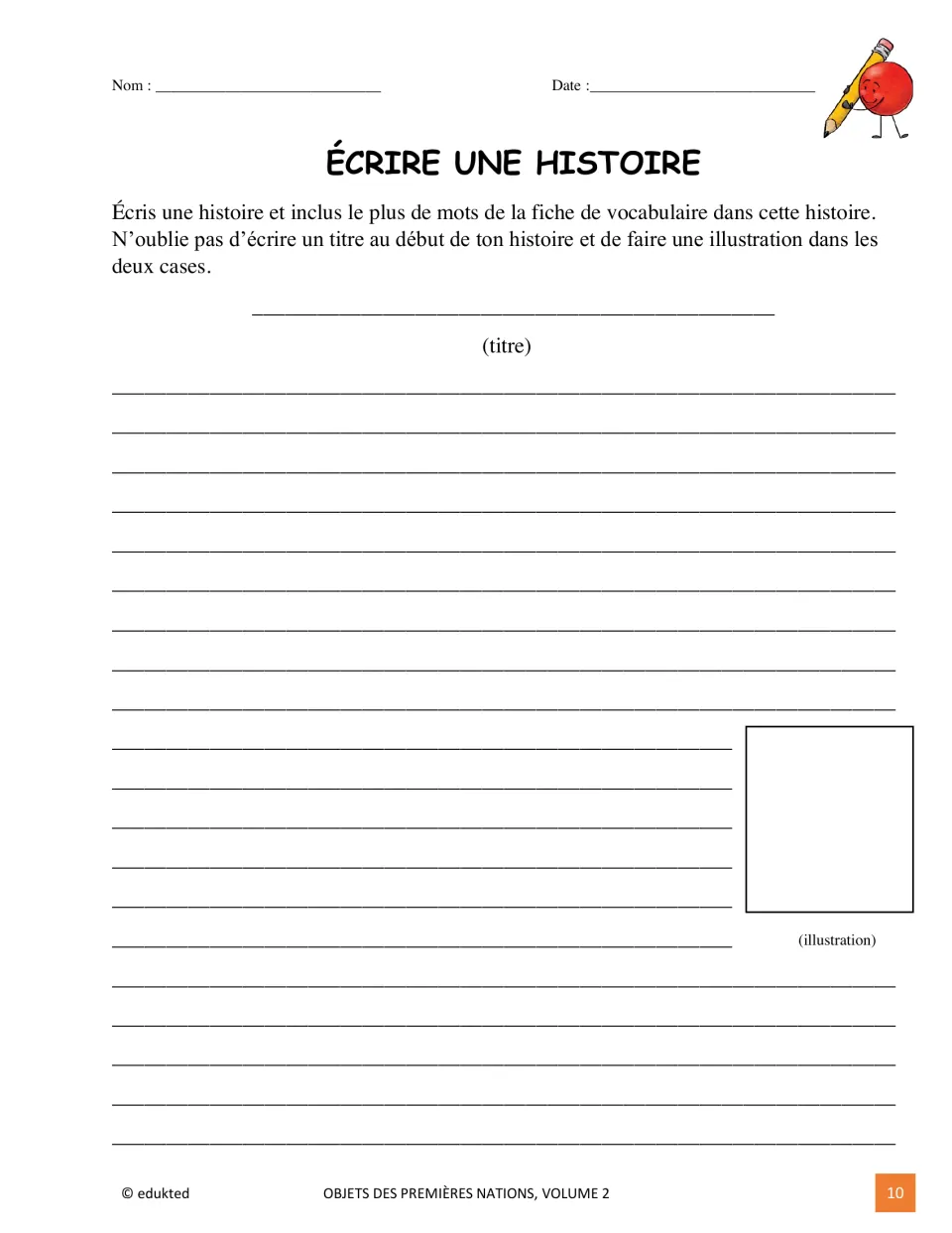 French story-writing activity asks students to use as many vocabulary words as possible and add a title and art