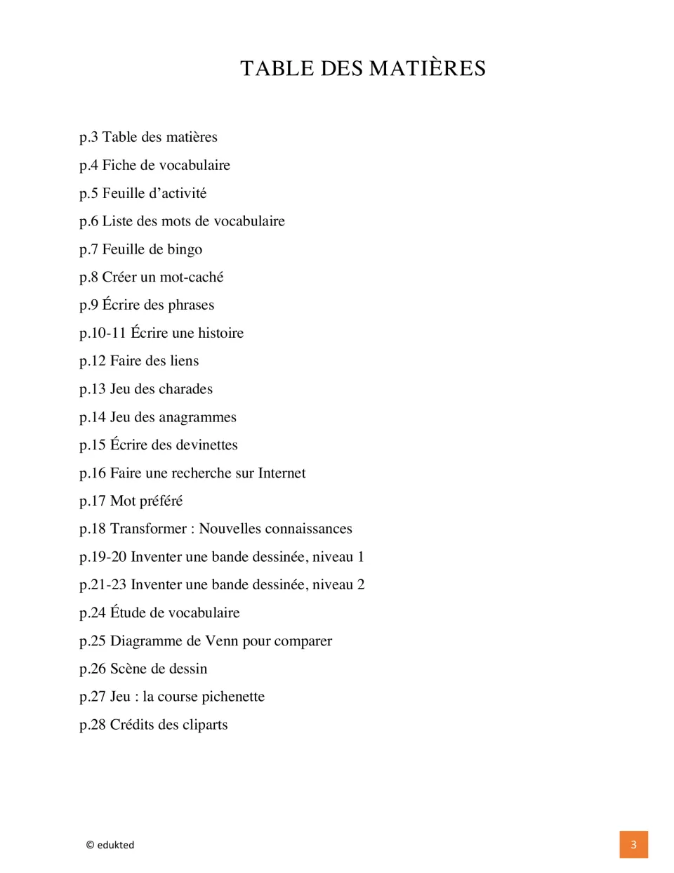 Booklet contents list vocabulary practice, bingo, stories, charades, anagrams, comics, and other activities