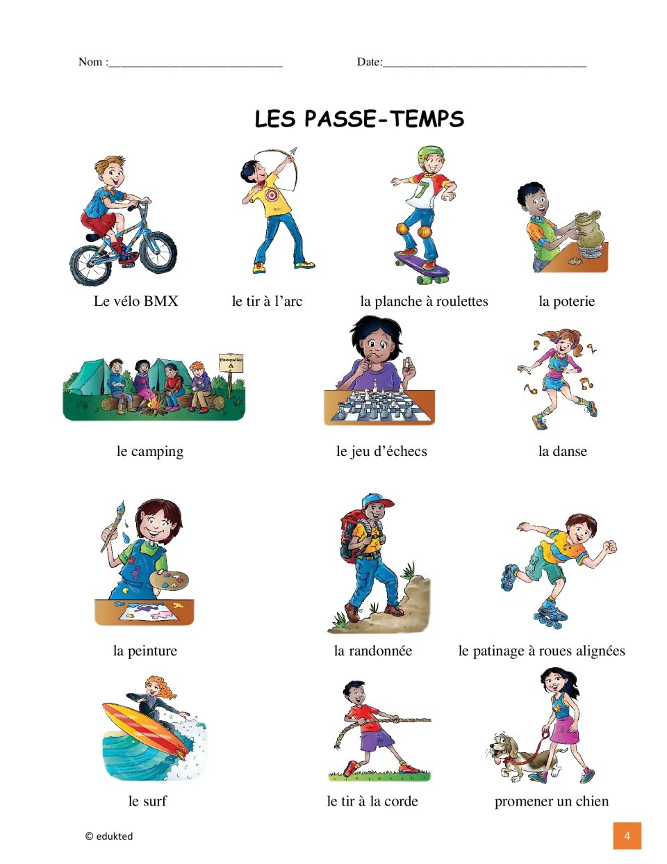 Illustrated French vocabulary reference for 13 hobbies, including la poterie (pottery) and la danse (dance)