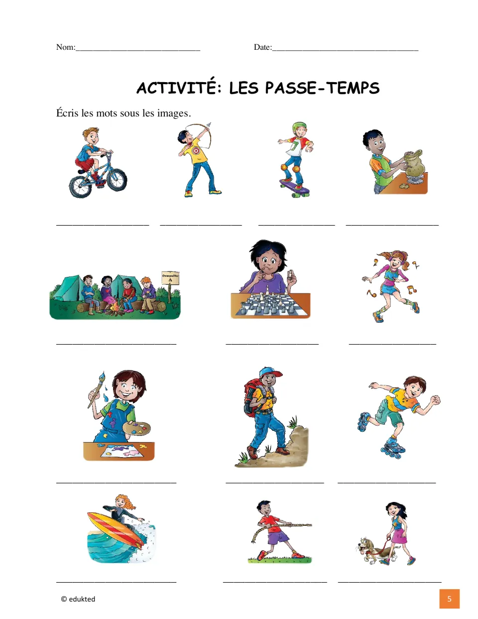French hobby labeling activity asks students to name 13 pictures, including BMX biking, archery, and pottery