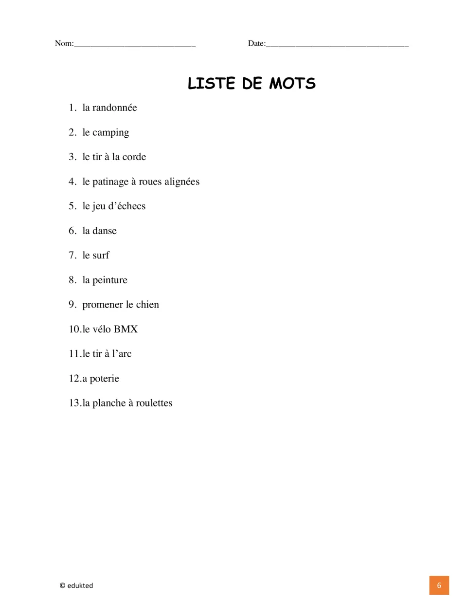 French hobby word list has 13 entries, including la randonnée (hiking), le camping, and le jeu d’échecs (chess)