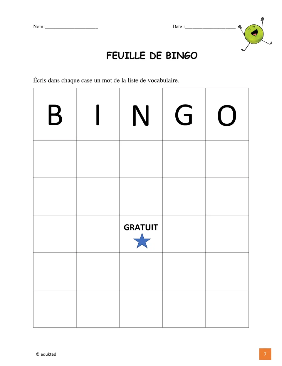French vocabulary bingo activity asks students to fill their bingo card using words from the hobby list